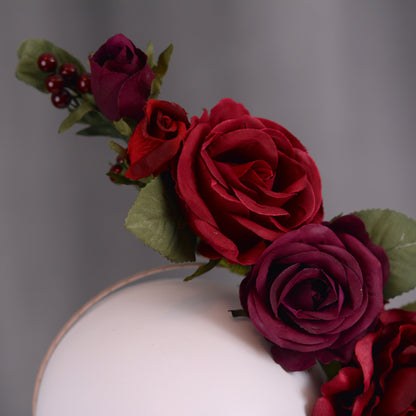 Sculptural Crimson and Plum Roses Headpiece