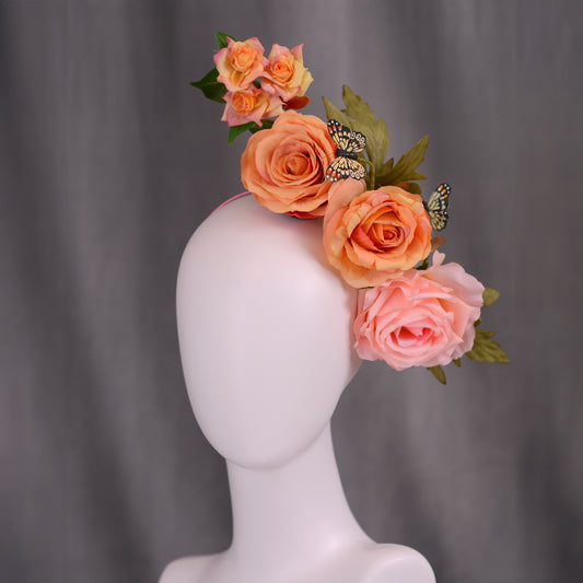 Sculptural Roses Headpiece in Pink and Orange