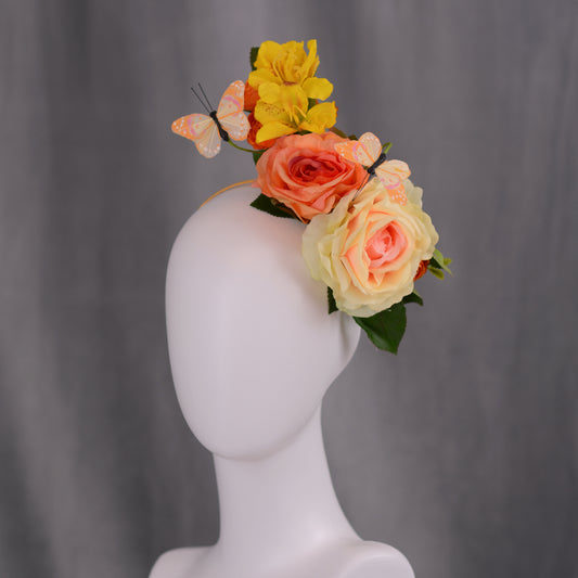 Sculptural Roses and Butterflies Headpiece in Yellow and Orange