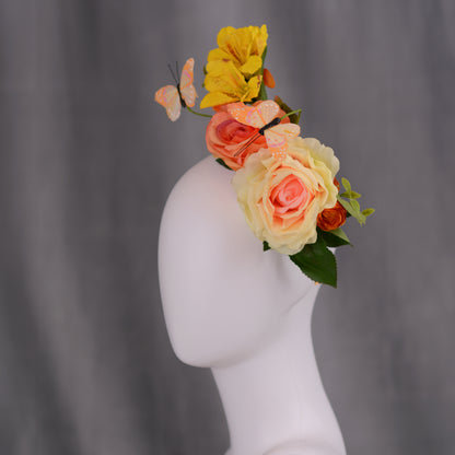 Sculptural Roses and Butterflies Headpiece in Yellow and Orange