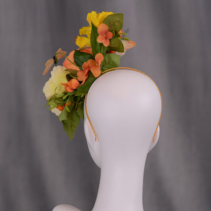 Sculptural Roses and Butterflies Headpiece in Yellow and Orange
