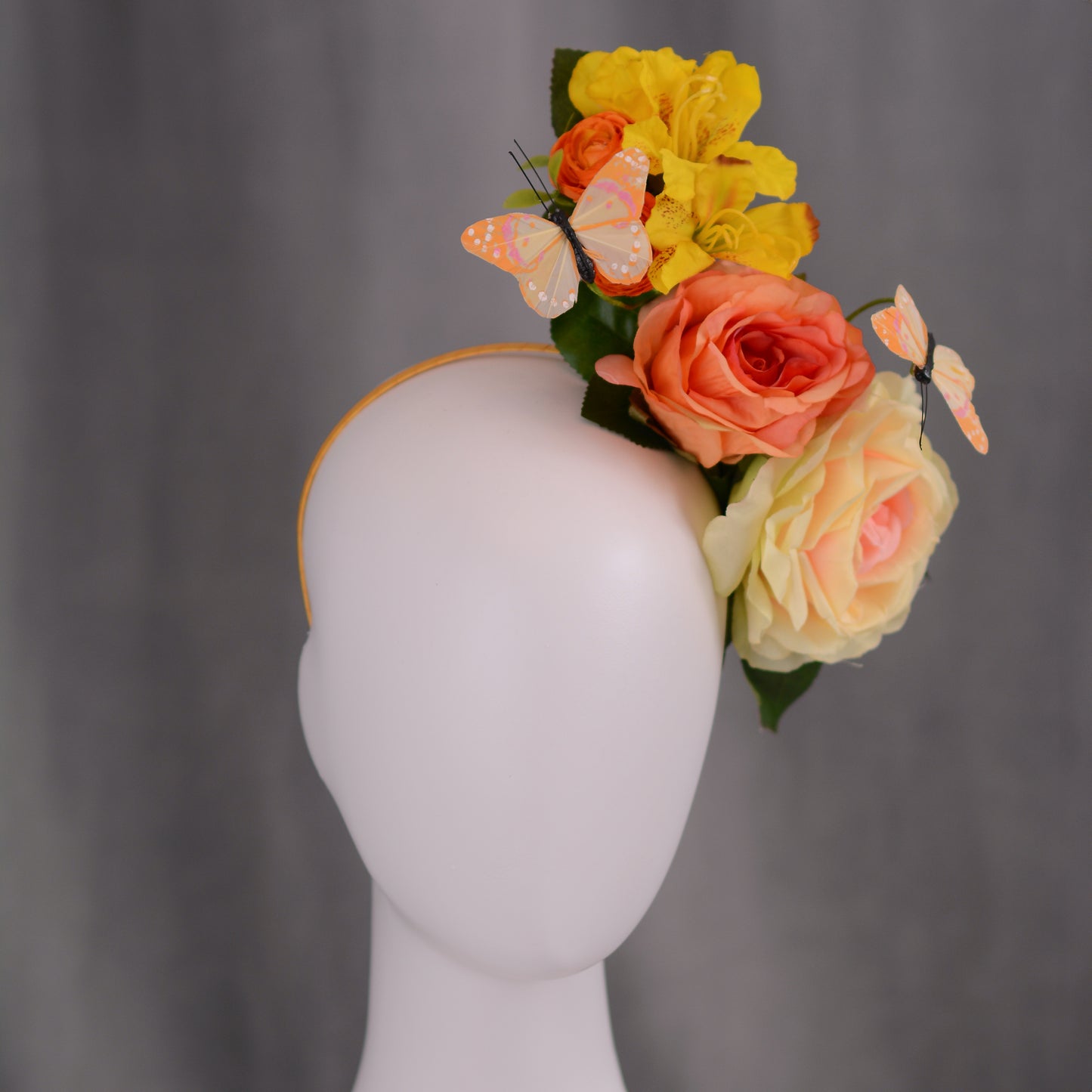 Sculptural Roses and Butterflies Headpiece in Yellow and Orange