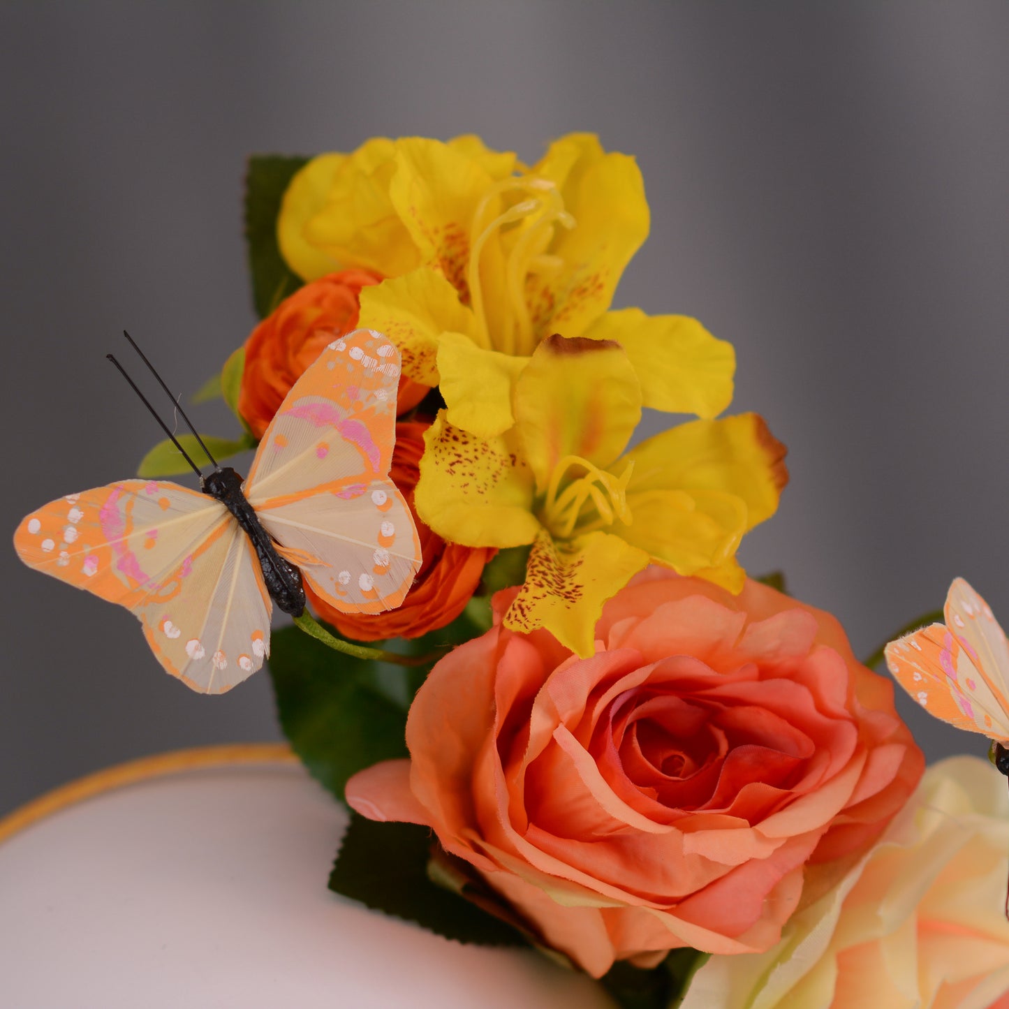 Sculptural Roses and Butterflies Headpiece in Yellow and Orange