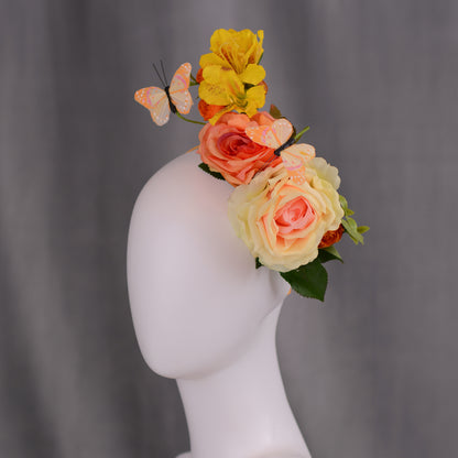 Sculptural Roses and Butterflies Headpiece in Yellow and Orange