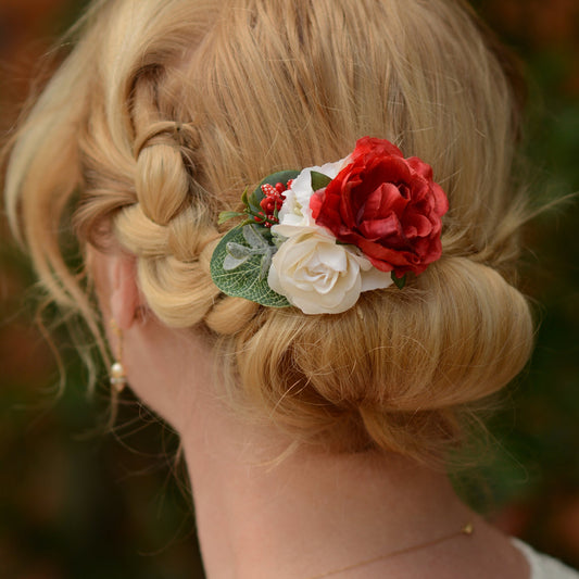 Rose Flower Hair Clip in Red and Off-White