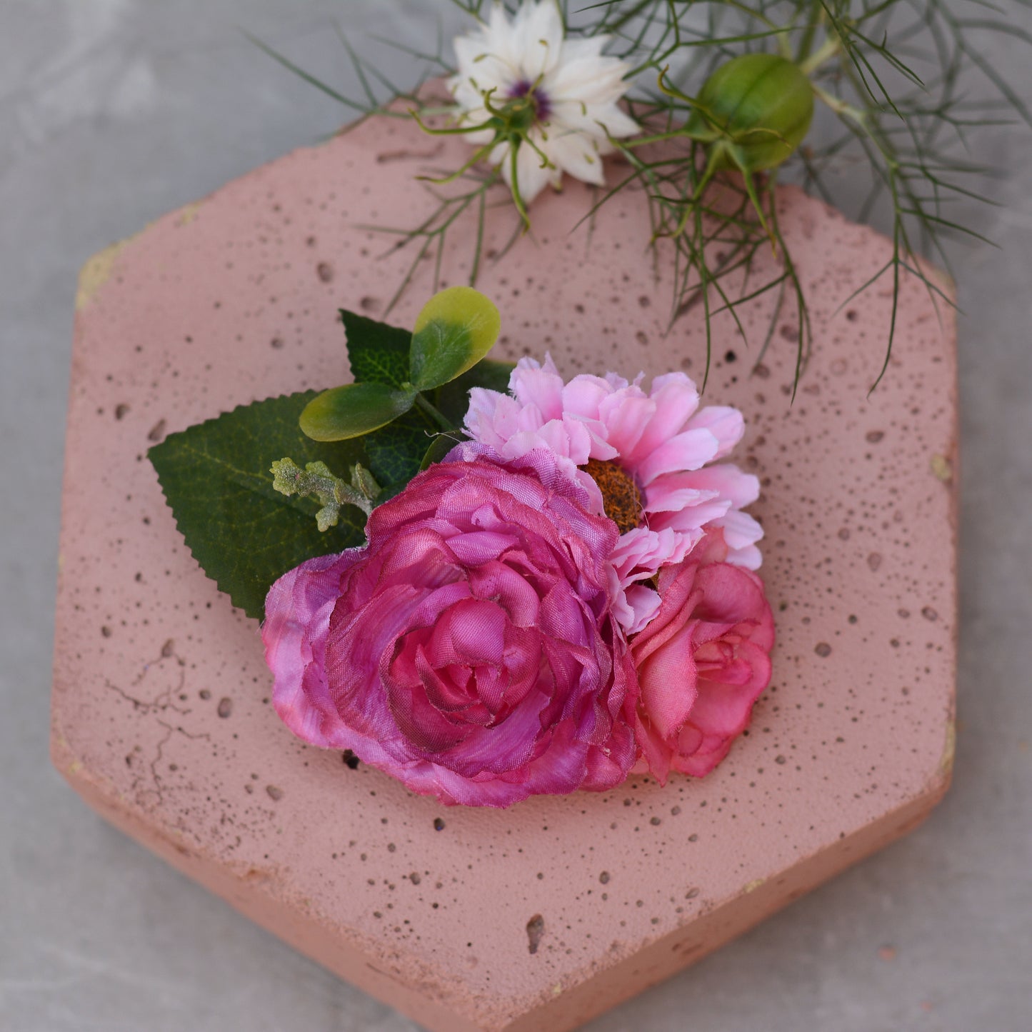 Bright Pink Peony, Rose and Daisy Flower Hair Clip