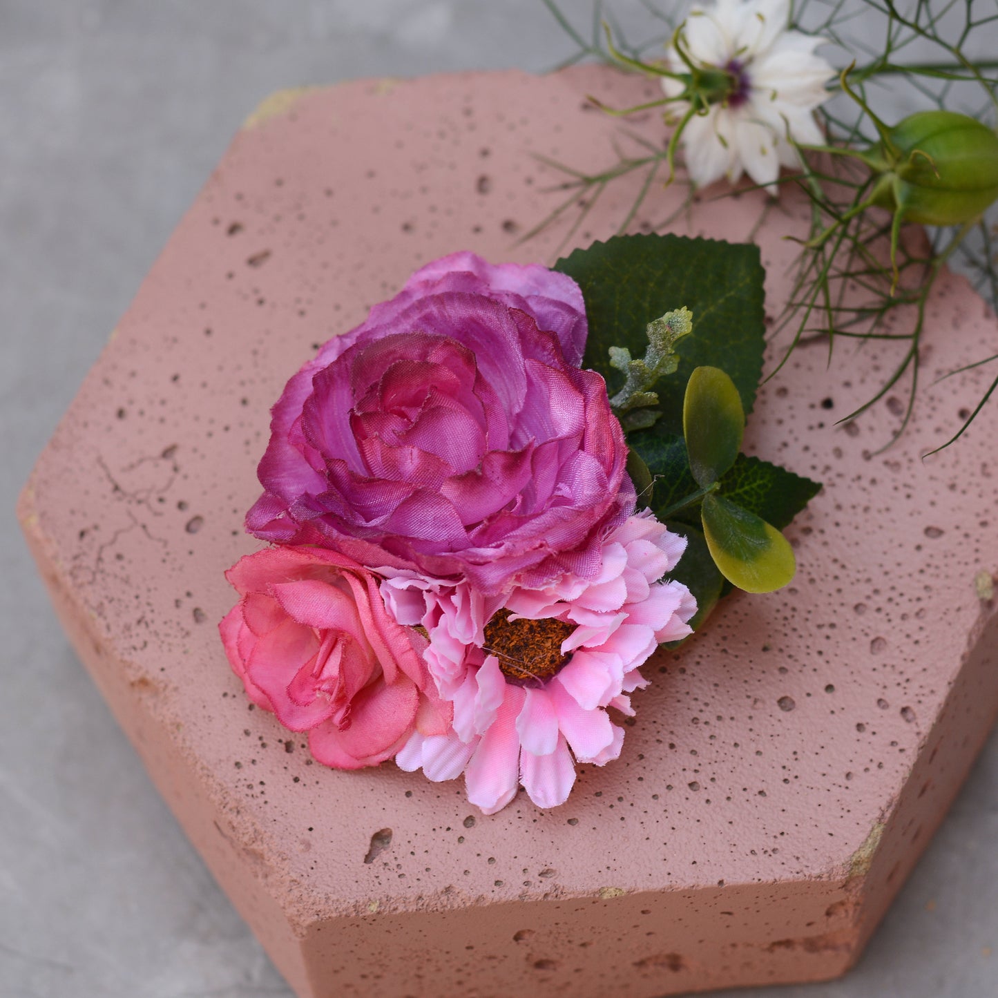 Bright Pink Peony, Rose and Daisy Flower Hair Clip