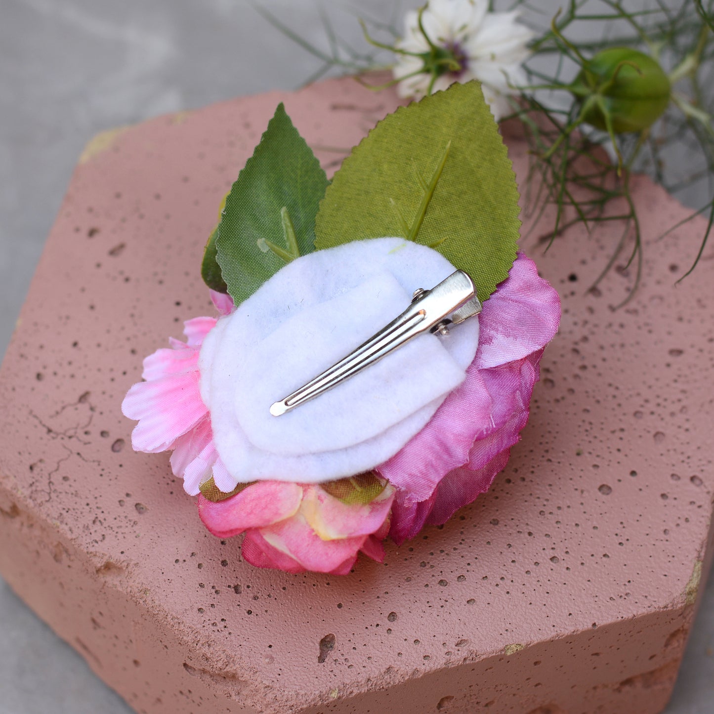 Bright Pink Peony, Rose and Daisy Flower Hair Clip