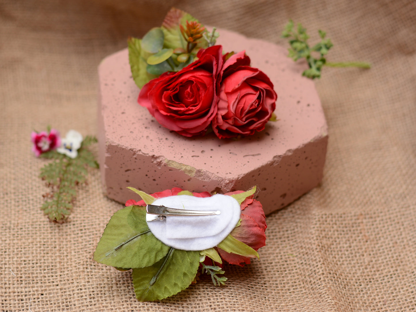 Red Rose and Ranunculus Hair Clip
