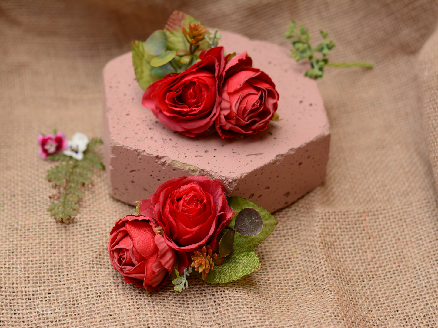 Red Rose and Ranunculus Hair Clip
