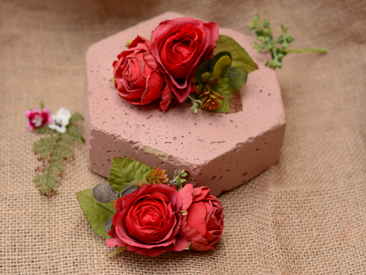 Red Rose and Ranunculus Hair Clip