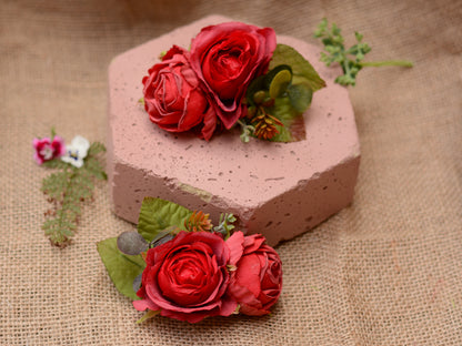Red Rose and Ranunculus Hair Clip