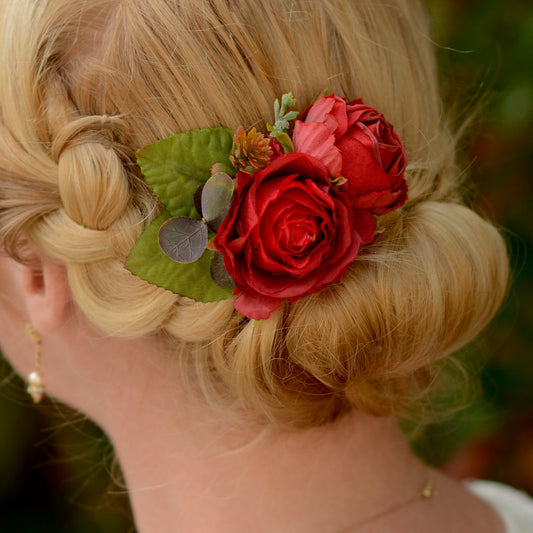 Red Rose and Ranunculus Hair Clip