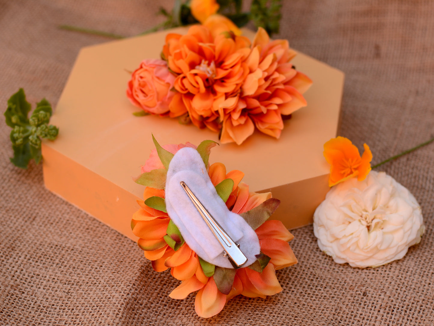 Flower Hair Clip in Orange Dahlias and Ranunculus