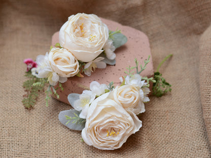 Large Ivory Off White Rose and Cherry Blossom Flower Hair Clip