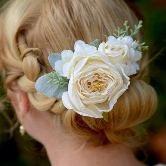 Large Ivory Off White Rose and Cherry Blossom Flower Hair Clip