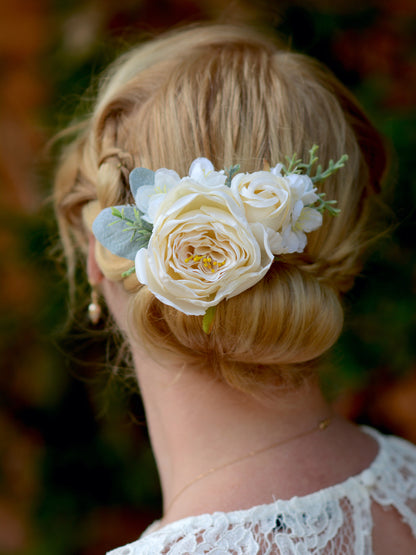 Large Ivory Off White Rose and Cherry Blossom Flower Hair Clip
