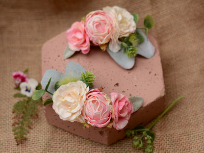Rose and Ranunculus Hair Clip in Ivory and Blush Pink