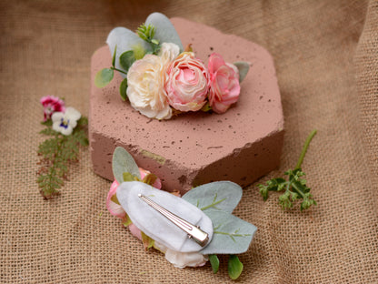 Rose and Ranunculus Hair Clip in Ivory and Blush Pink