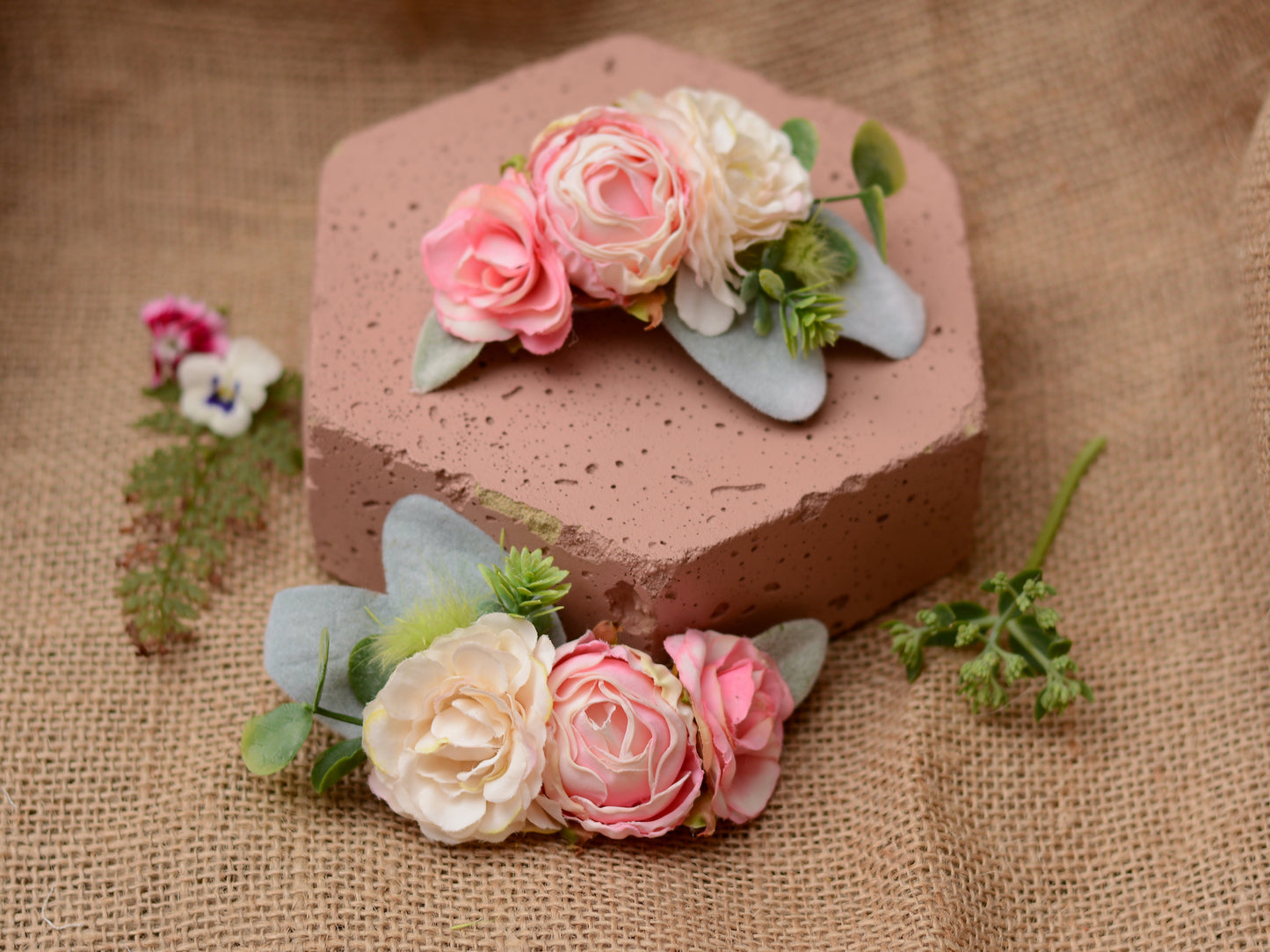 Rose and Ranunculus Hair Clip in Ivory and Blush Pink