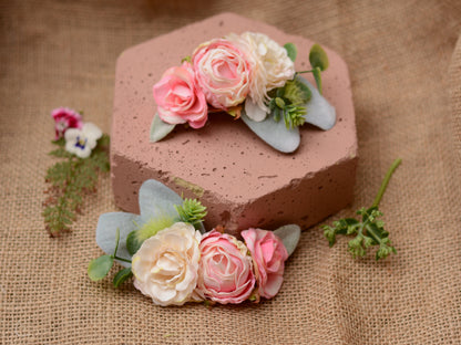 Rose and Ranunculus Hair Clip in Ivory and Blush Pink
