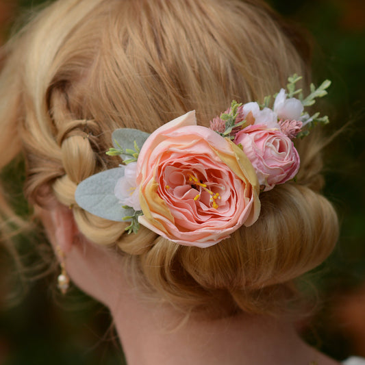 Large Roses and Cherry Blossom Blush Pink Flower Hair Clip