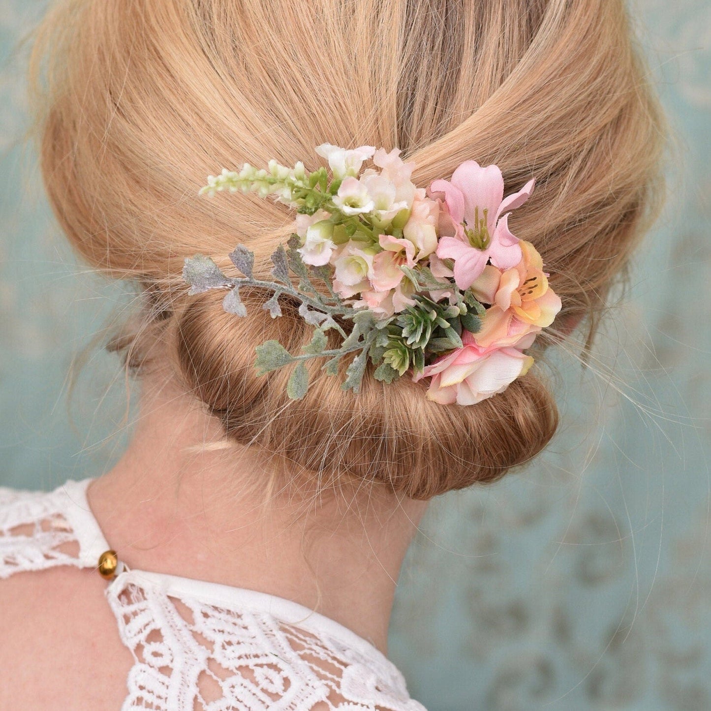 Flower Meadow Hair Clip in Blush Pink and Silver Greenery