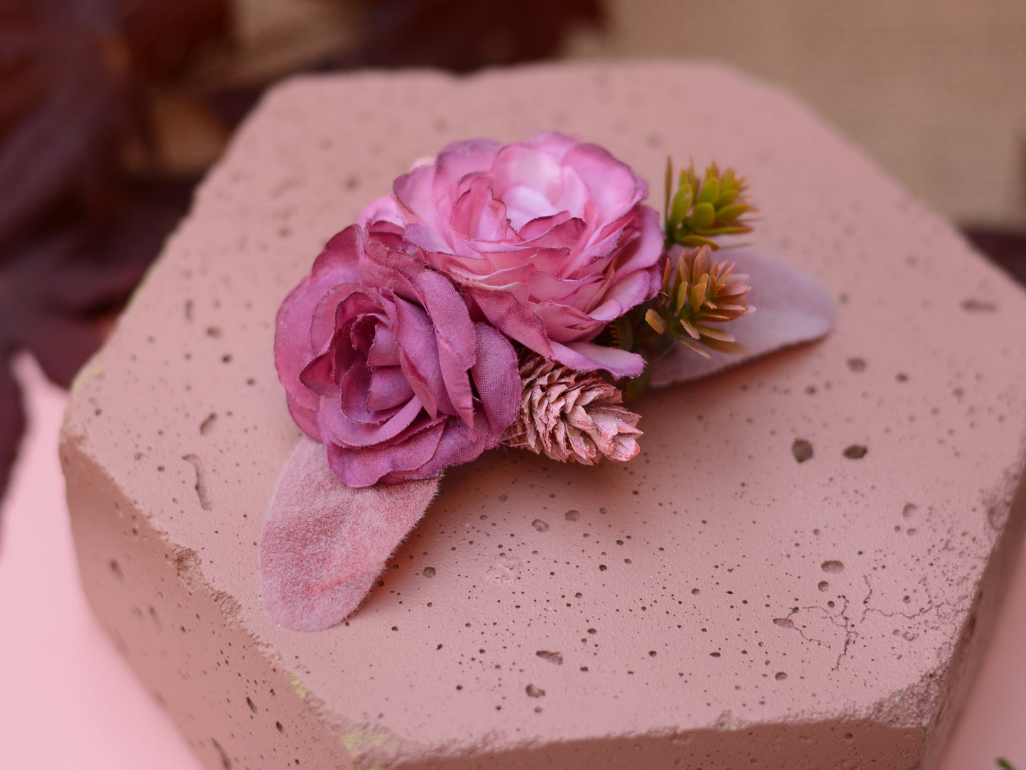 Flower Hair Clip in Mauve Pink and White