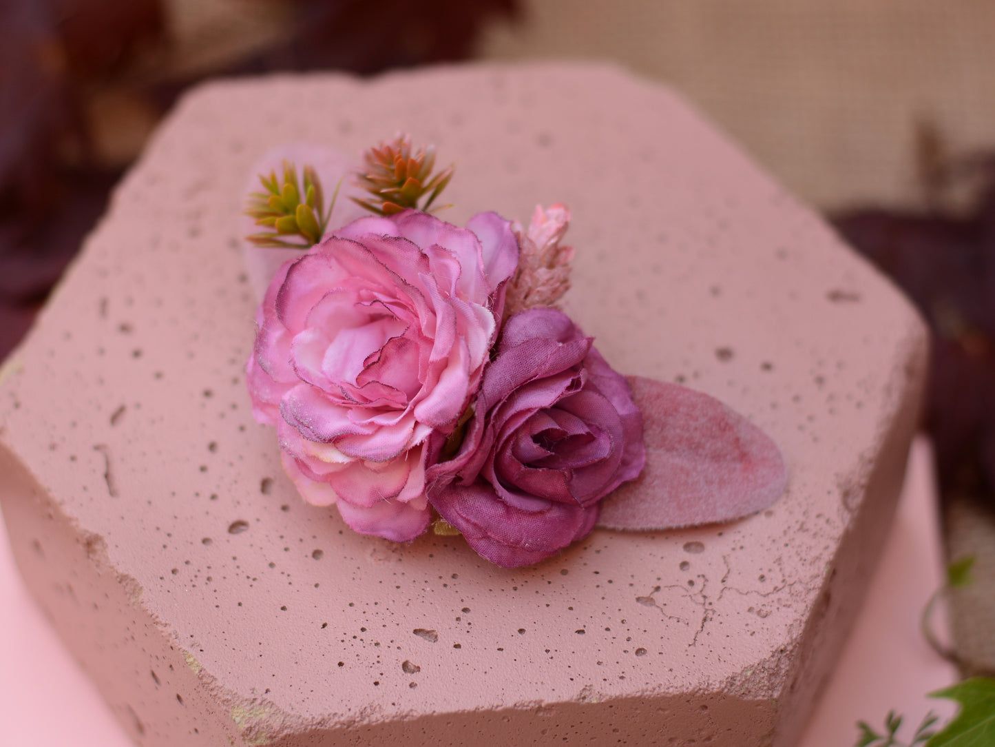 Flower Hair Clip in Mauve Pink and White