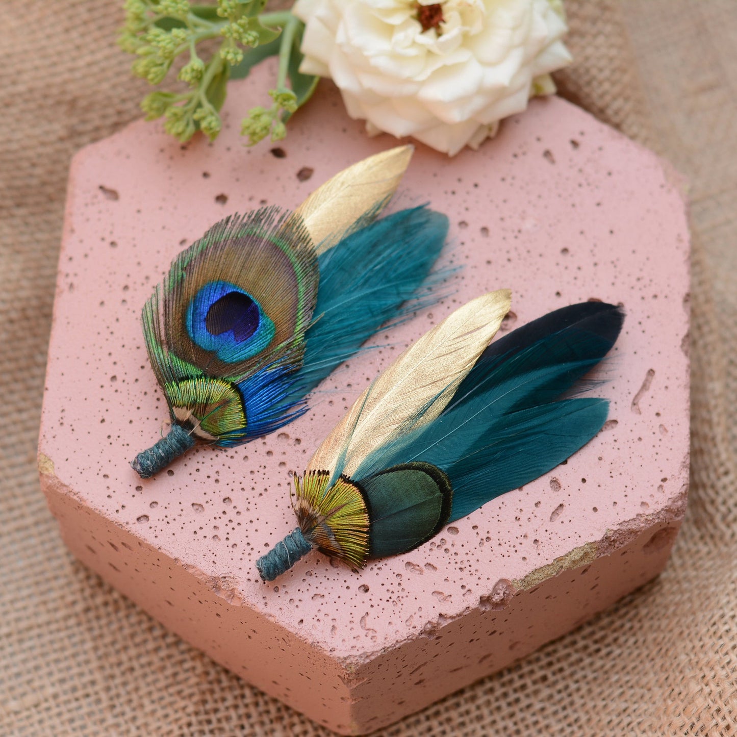 Peacock Feather Brooch Pin Boutonniere in Gold and Teal