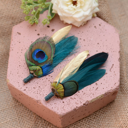 Peacock Feather Brooch Pin Boutonniere in Gold and Teal