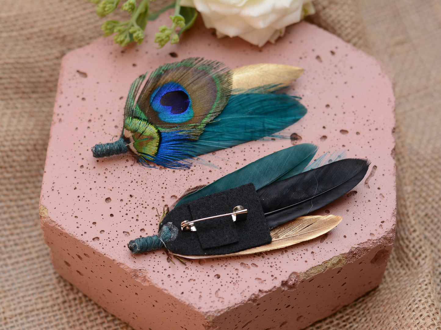 Peacock Feather Brooch Pin Boutonniere in Gold and Teal