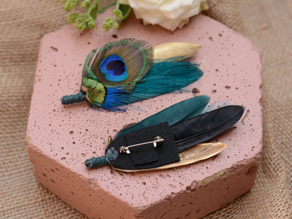 Peacock Feather Brooch Pin Boutonniere in Gold and Teal