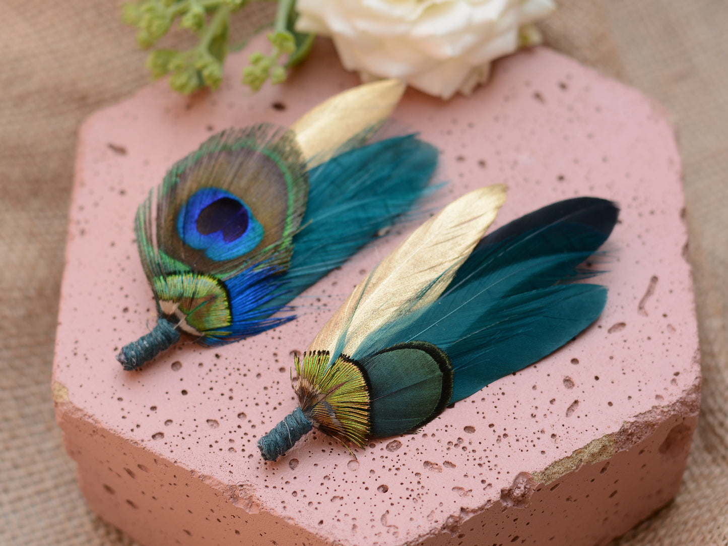 Peacock Feather Brooch Pin Boutonniere in Gold and Teal