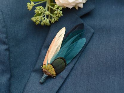 Peacock Feather Brooch Pin Boutonniere in Gold and Teal