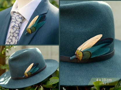 Peacock Feather Brooch Pin Boutonniere in Gold and Teal