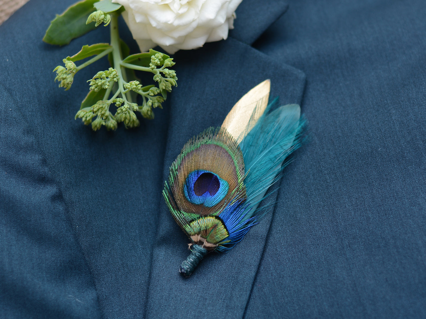 Peacock Feather Brooch Pin Boutonniere in Gold and Teal