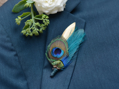 Peacock Feather Brooch Pin Boutonniere in Gold and Teal