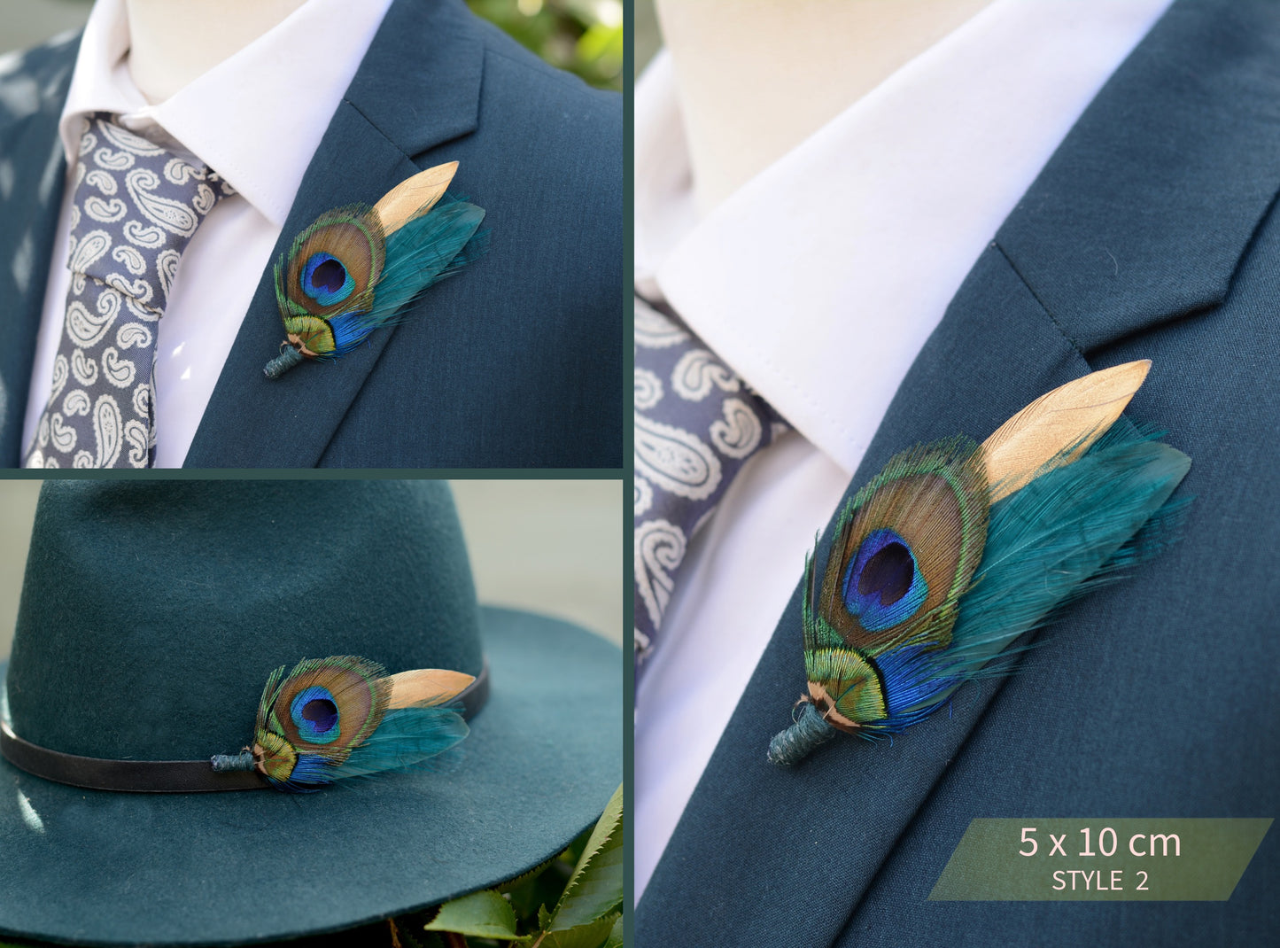 Peacock Feather Brooch Pin Boutonniere in Gold and Teal