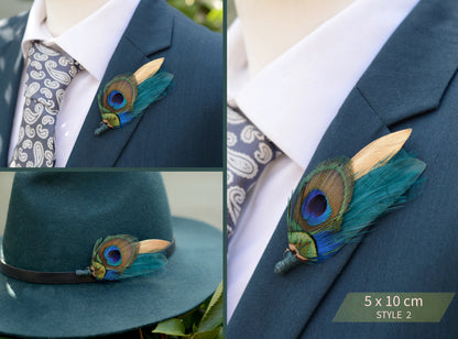 Peacock Feather Brooch Pin Boutonniere in Gold and Teal