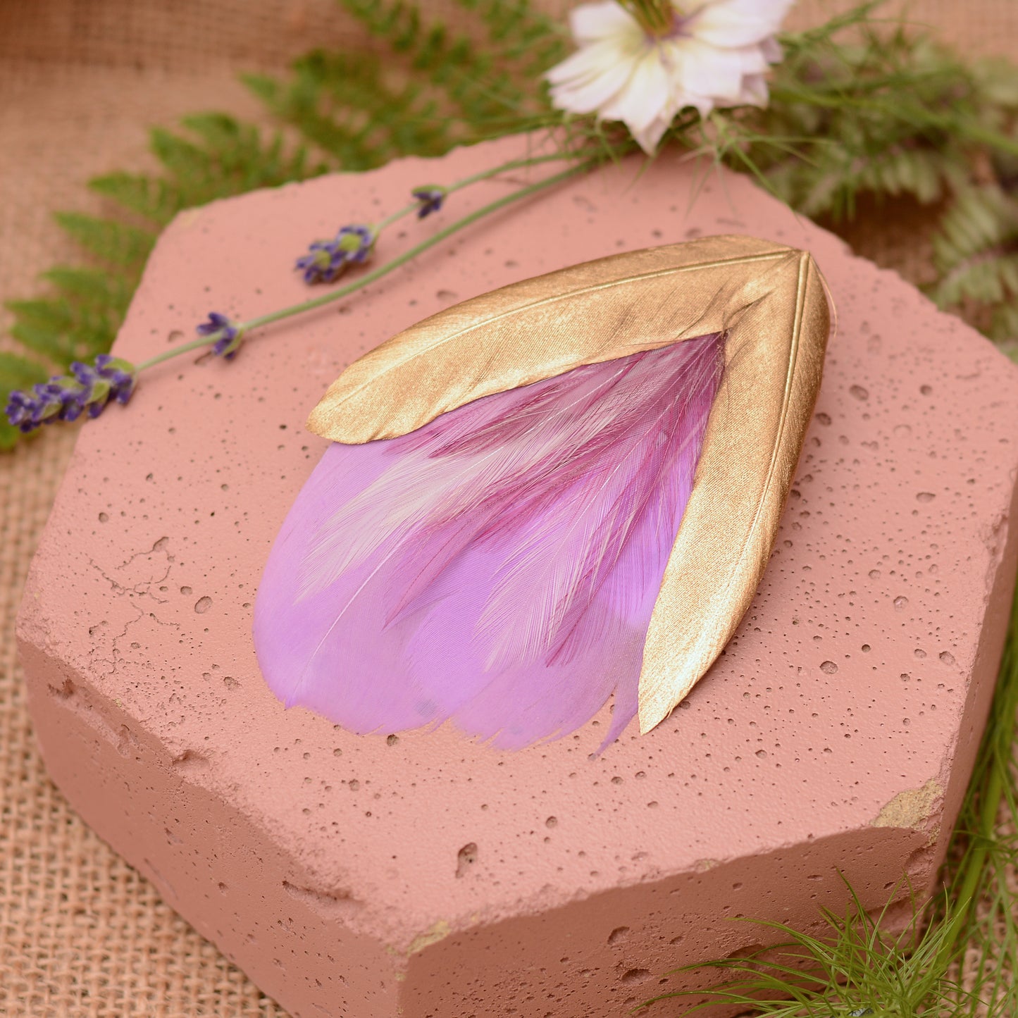 Feather Hair Clip Lilac Purple and Gold