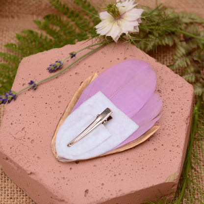 Feather Hair Clip Lilac Purple and Gold