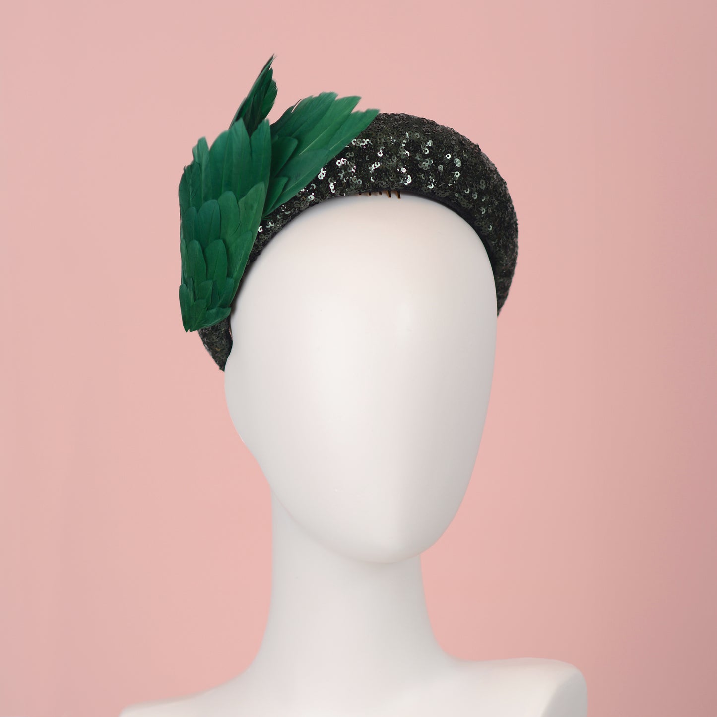 Green Sequin Headband Fascinator With Green Bird Wings