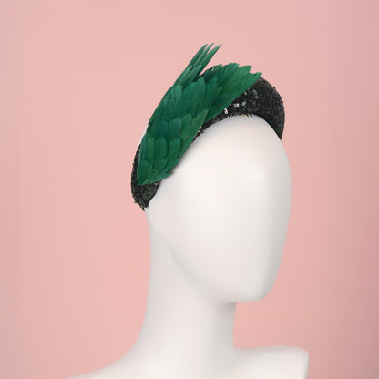 Green Sequin Headband Fascinator With Green Bird Wings