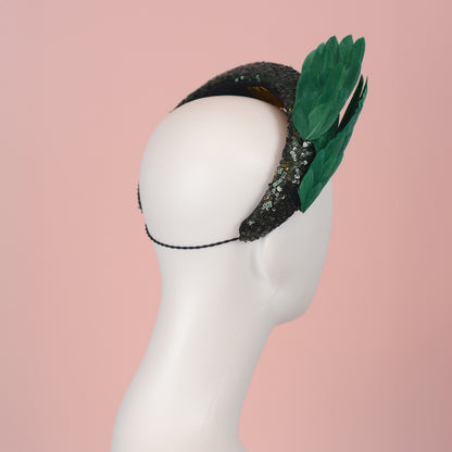 Green Sequin Headband Fascinator With Green Bird Wings
