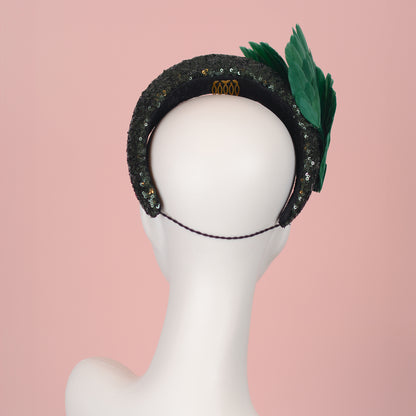 Green Sequin Headband Fascinator With Green Bird Wings