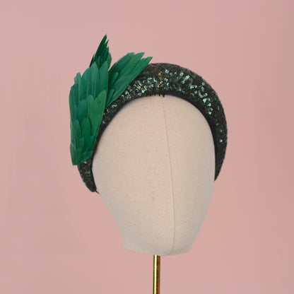 Green Sequin Headband Fascinator With Green Bird Wings