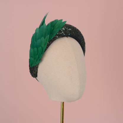 Green Sequin Headband Fascinator With Green Bird Wings