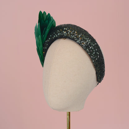 Green Sequin Headband Fascinator With Green Bird Wings