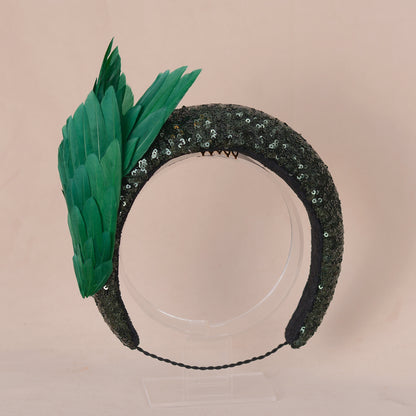 Green Sequin Headband Fascinator With Green Bird Wings